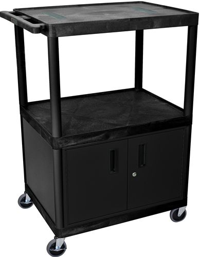 Luxor LE48C-B Endura AV Cart with 3 Shelves, Black; Includes steel cabinet with lock and two sets of keys; Integral safety push handle which is molded into top shelf for sturdy grip; Molded plastic shelves and legs won't stain, scratch, dent or rust; 1/4