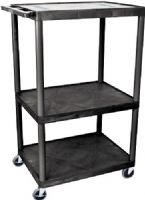Luxor LE54-B Endura AV Cart with 3 Shelves, Black; Integral safety push handle which is molded into top shelf for sturdy grip; Molded plastic shelves and legs won't stain, scratch, dent or rust; 1/4" retaining lip and sure grip safety pads; "Cable track" cord management system keeps cords neatly secured; Cabling hole in top shelf with cord guide cover; UPC 812552019184 (LE54B LE54 LE-54-B LE 54-B) 