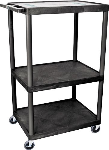 Luxor LE54-B Endura AV Cart with 3 Shelves, Black; Integral safety push handle which is molded into top shelf for sturdy grip; Molded plastic shelves and legs won't stain, scratch, dent or rust; 1/4