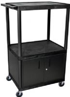 Luxor LE54C-B Endura AV Cart with 3 Shelves, Black; Includes steel cabinet with lock and two sets of keys; Integral safety push handle which is molded into top shelf for sturdy grip; Molded plastic shelves and legs won't stain, scratch, dent or rust; 1/4" retaining lip and sure grip safety pads; UPC 812552019191 (LE54CB LE54C LE-54C-B LE 54C-B) 