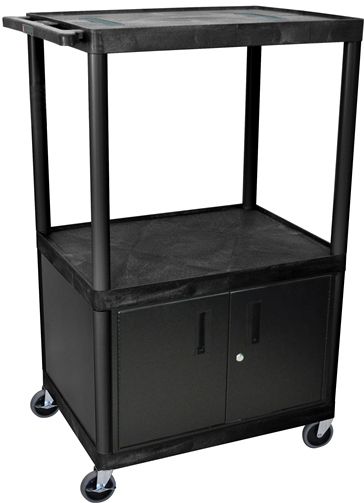 Luxor LE54C-B Endura AV Cart with 3 Shelves, Black; Includes steel cabinet with lock and two sets of keys; Integral safety push handle which is molded into top shelf for sturdy grip; Molded plastic shelves and legs won't stain, scratch, dent or rust; 1/4