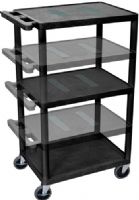 Luxor LEDUO-B Endura Multi-Height AV Cart with 3 Shelves, Black; Integral safety push handle which is molded into top shelf for sturdy grip; Molded plastic shelves and legs won't stain, scratch, dent or rust; Top shelf reinforced with one metal bar; 1/4" retaining lip and sure grip safety pads UPC 847210007562 (LEDUOB LEDUO LE-DUO-B LE DUO-B) 