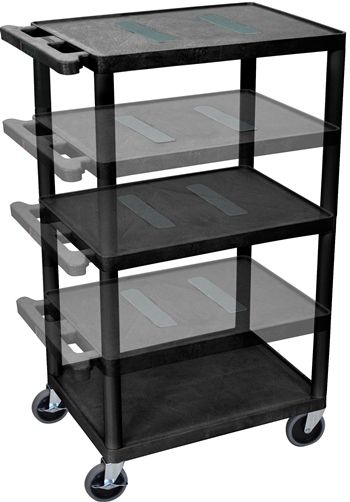 Luxor LEDUO-B Endura Multi-Height AV Cart with 3 Shelves, Black; Integral safety push handle which is molded into top shelf for sturdy grip; Molded plastic shelves and legs won't stain, scratch, dent or rust; Top shelf reinforced with one metal bar; 1/4