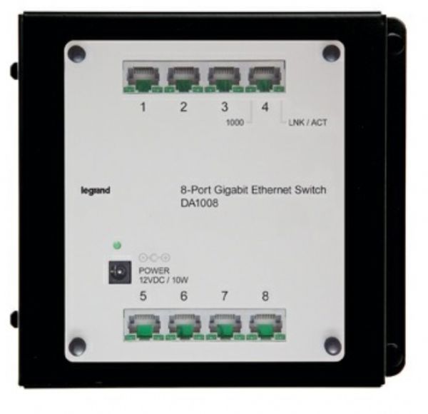 Legrand DA1008 On-Q 8-Port Gigabit Ethernet Switch, Double Bay Module Design, IEEE 802.3az; Automatically runs at fastest possible speed on each port; Double bay module design fits perfectly into On-Q enclosures; 9000 byte jumbo frames supported; Energy-Efficient Ethernet compliant (IEEE 802.3az); Power supply not included, Recommended PW7760; Dimensions 5.9 x 6.53 x 1.76 inches; Weight 1.05 lbs; UPC 80442802705 (LEGRANDDA1008 LEGRAND-DA1008 DA-1008 DA10-08 ONQ)