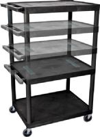 Luxor LELDUO-B Endura Multi-Height AV Cart with 3 Shelves, Black; Integral safety push handle which is molded into top shelf for sturdy grip; Molded plastic shelves and legs won't stain, scratch, dent or rust; Top shelf reinforced with one metal bar; 1/4" retaining lip and sure grip safety pads UPC 812552019252 (LELDUOB LELDUO LEL-DUO-B LEL DUO-B) 