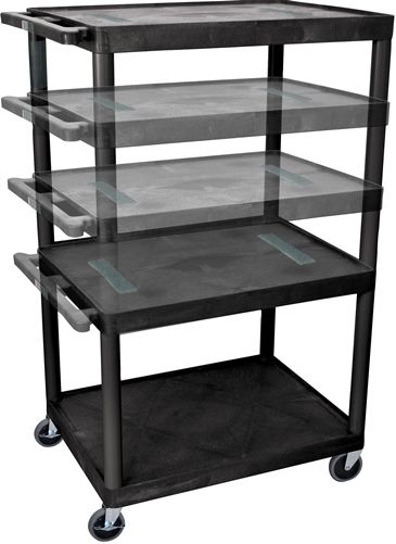 Luxor LELDUO-B Endura Multi-Height AV Cart with 3 Shelves, Black; Integral safety push handle which is molded into top shelf for sturdy grip; Molded plastic shelves and legs won't stain, scratch, dent or rust; Top shelf reinforced with one metal bar; 1/4