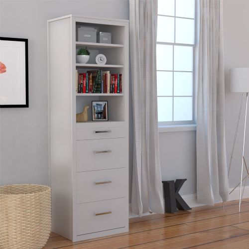 Leto Muro ASTR Coventry Storage Tower in WhiteFinish, Side Tower; Coventry Collection by Leto Muro Furniture; White finish; Finished in White Lacquer; Comes with hanging bar and adjustbale shelves; Pull out night stand; 3 drawers; No WhiteGlove/Assembly on Delivery Available; Dimensions: 80