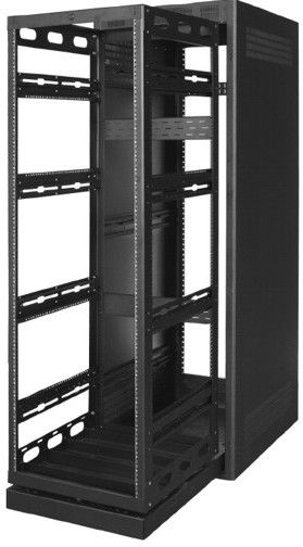 Lowell LHR-3532 Host Rack System, Black wrinkle powder epoxy finish, 35 Rack Units, Exterior cabinet has welded sides, open front, open rear and 10U top opening; Interior rack has post-style mounting rails tapped 10-32, side/rear braces for strength, and caster base; Support loads up to 750 lbs., Interior rack assembly can be removed from external cabinet for shop wiring (LHR3532 LHR 3532)
