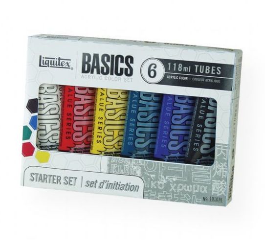 Liquitex 101076 Basics Acrylic 6-Color Set; A heavy body acrylic with a buttery consistency for easy blending; It retains peaks and brush marks, and colors to a satin finish, eliminating surface glare; Set contains six Basics colors in 118ml tubes: Cadmium Yellow Medium Hue, Mars Black, Phthalo Green (blue shade), Ultramarine Blue, Naphthol Crimson, Titanium White; Shipping Weight 2.25 lb; UPC 094376922820 (LIQUITEX101076 LIQUITEX-101076 BASICS-101076  ACRYLIC PAINTING)