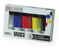 Liquitex 101082 Basics Acrylic 5-Color Set; A heavy body acrylic with a buttery consistency for easy blending; It retains peaks and brush marks, and colors dry to a satin finish, eliminating surface glare; 75ml tubes in 5 colors: Mars Black, Naphthol Crimson, Primary Yellow, Ultramarine Blue, Titanium White; Shipping Weight 0.49 lb; Shipping Dimensions 0.98 x 6.1 x 3.74 in; UPC 094376935011 (LIQUITEX101082 LIQUITEX-101082 BASICS-101082 PAINTING) 