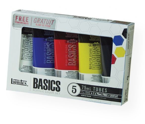 Liquitex 101082 Basics Acrylic 5-Color Set; A heavy body acrylic with a buttery consistency for easy blending; It retains peaks and brush marks, and colors dry to a satin finish, eliminating surface glare; 75ml tubes in 5 colors: Mars Black, Naphthol Crimson, Primary Yellow, Ultramarine Blue, Titanium White; Shipping Weight 0.49 lb; Shipping Dimensions 0.98 x 6.1 x 3.74 in; UPC 094376935011 (LIQUITEX101082 LIQUITEX-101082 BASICS-101082 PAINTING)
