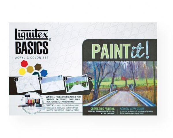 Liquitex 101084 Basics Paint It Acrylic Color Paint It! Set; Designed with the beginner artist in mind, this set contains all of the materials needed to get started including: a step-by-step manual, six 22ml tubes of Basics acrylic paint, 75ml tube of Basics titanium white acrylic paint, palette for mixing, 8