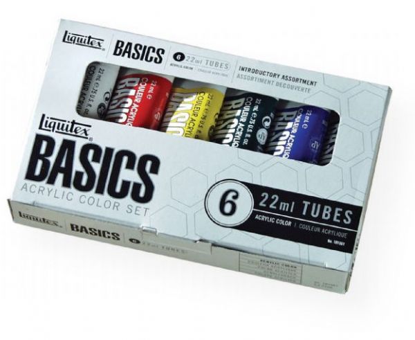 Liquitex 101501 Basics Acrylic 6-Color Set; A heavy body acrylic with a buttery consistency for easy blending; It retains peaks and brush marks, and colors dry to a satin finish, eliminating surface glare; The perfect introductory set containing six Basics colors in 22ml tubes: Cadmium Yellow Medium Hue, Mars Black, Phthalo Green (blue shade), Ultramarine Blue, Naphthol Crimson, Titanium White; Shipping Weight 0.51 lb; UPC 094376922875 (LIQUITEX101501 LIQUITEX-101501 BASICS-101501 PAINTING)
