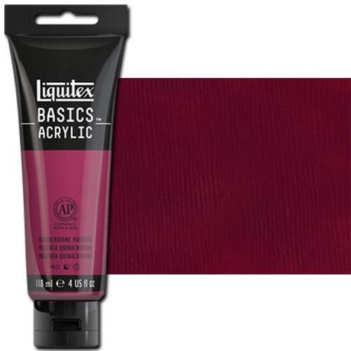 Liquitex 1046114 Basic Acrylic Paint, 4oz Tube, Quinacridone Magenta; A heavy body acrylic with a buttery consistency for easy blending; It retains peaks and brush marks, and colors dry to a satin finish, eliminating surface glare; Dimensions 1.46