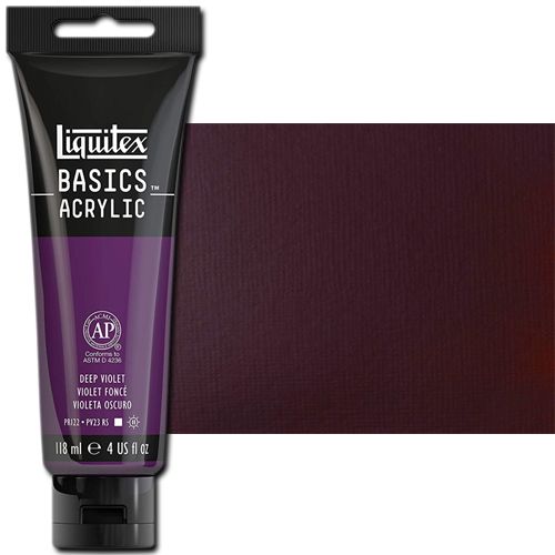 Liquitex 1046115 Basic Acrylic Paint, 4oz Tube, Deep Violet; A heavy body acrylic with a buttery consistency for easy blending; It retains peaks and brush marks, and colors dry to a satin finish, eliminating surface glare; Dimensions 1.46