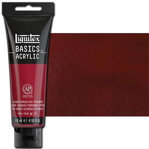 Liquitex 1046116 Basic Acrylic Paint, 4oz Tube, Alizarin Crimson Hue; A heavy body acrylic with a buttery consistency for easy blending; It retains peaks and brush marks, and colors dry to a satin finish, eliminating surface glare; Dimensions 1.46