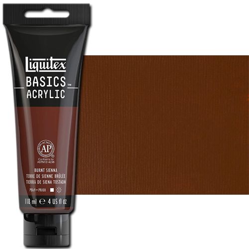 Liquitex 1046127 Basic Acrylic Paint, 4oz Tube, Burnt Sienna; A heavy body acrylic with a buttery consistency for easy blending; It retains peaks and brush marks, and colors dry to a satin finish, eliminating surface glare; Dimensions 1.46