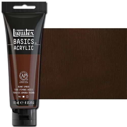 Liquitex 1046128 Basic Acrylic Paint, 4oz Tube, Burnt Umber; A heavy body acrylic with a buttery consistency for easy blending; It retains peaks and brush marks, and colors dry to a satin finish, eliminating surface glare; Dimensions 1.46