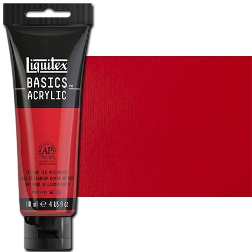 Liquitex 1046151 Basic Acrylic Paint, 4oz Tube, Cadmium Red Medium Hue; A heavy body acrylic with a buttery consistency for easy blending; It retains peaks and brush marks, and colors dry to a satin finish, eliminating surface glare; Dimensions 1.46