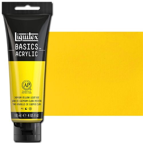 Liquitex 1046160 Basic Acrylic Paint, 4oz Tube, Cadmium Yellow Light Hue; A heavy body acrylic with a buttery consistency for easy blending; It retains peaks and brush marks, and colors dry to a satin finish, eliminating surface glare; Dimensions 1.46