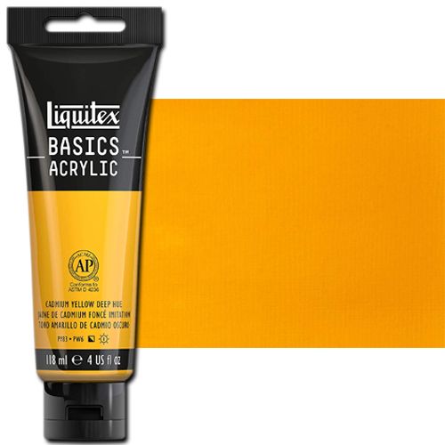 Liquitex 1046163 Basic Acrylic Paint, 4oz Tube, Cadmium Yellow Deep Hue; A heavy body acrylic with a buttery consistency for easy blending; It retains peaks and brush marks, and colors dry to a satin finish, eliminating surface glare; Dimensions 1.46