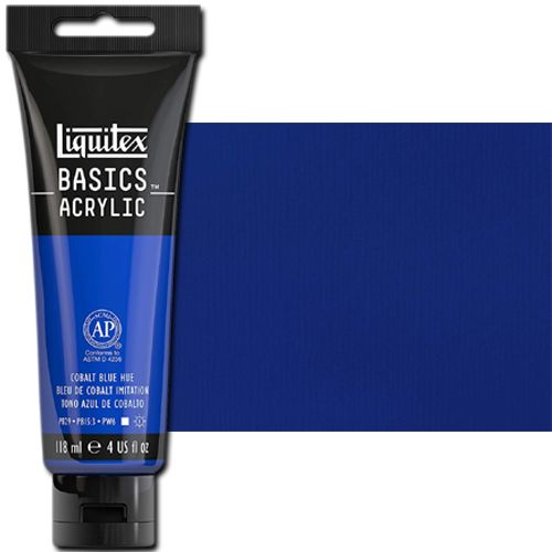 Liquitex 1046170 Basic Acrylic Paint, 4oz Tube, Cobalt Blue Hue; A heavy body acrylic with a buttery consistency for easy blending; It retains peaks and brush marks, and colors dry to a satin finish, eliminating surface glare; Dimensions 1.46