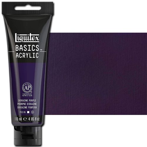Liquitex 1046186 Basic Acrylic Paint, 4oz Tube, Dioxazine Purple; A heavy body acrylic with a buttery consistency for easy blending; It retains peaks and brush marks, and colors dry to a satin finish, eliminating surface glare; Dimensions 1.46
