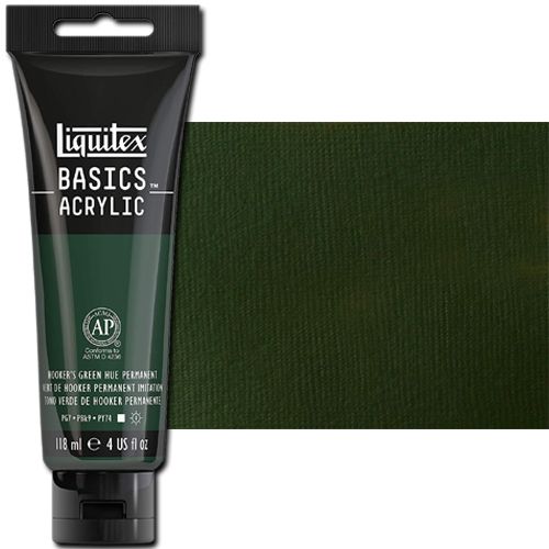 Liquitex 1046224 Basic Acrylic Paint, 4oz Tube, Hooker's Green Hue Permanent; A heavy body acrylic with a buttery consistency for easy blending; It retains peaks and brush marks, and colors dry to a satin finish, eliminating surface glare; Dimensions 1.46