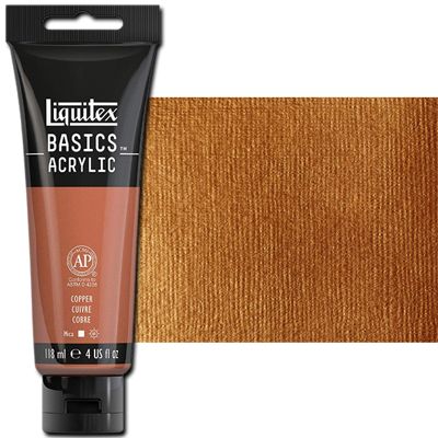 Liquitex 1046230 Basic Acrylic Paint, 4oz Tube, Copper; A heavy body acrylic with a buttery consistency for easy blending; It retains peaks and brush marks, and colors dry to a satin finish, eliminating surface glare; Dimensions 1.46
