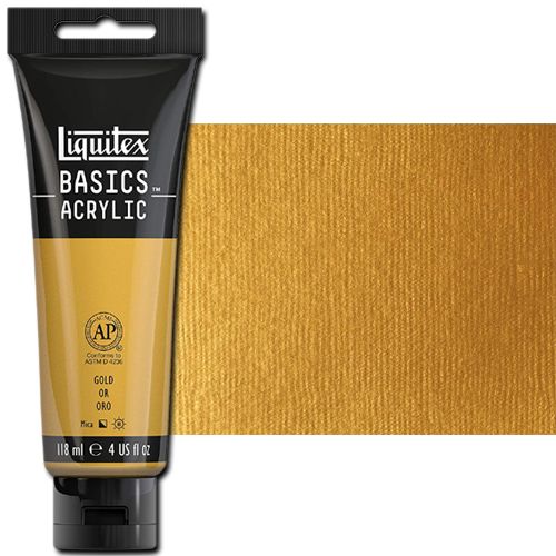 Liquitex 1046234 Basic Acrylic Paint, 4oz Tube, Gold; A heavy body acrylic with a buttery consistency for easy blending; It retains peaks and brush marks, and colors dry to a satin finish, eliminating surface glare; Dimensions 1.46