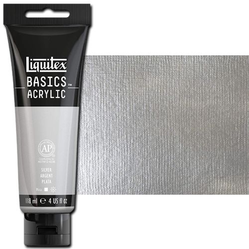 Liquitex 1046236 Basic Acrylic Paint, 4oz Tube, Silver; A heavy body acrylic with a buttery consistency for easy blending; It retains peaks and brush marks, and colors dry to a satin finish, eliminating surface glare; Dimensions 1.46