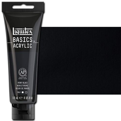 Liquitex 1046244 Basic Acrylic Paint, 4oz Tube, Ivory Black; A heavy body acrylic with a buttery consistency for easy blending; It retains peaks and brush marks, and colors dry to a satin finish, eliminating surface glare; Dimensions 1.46