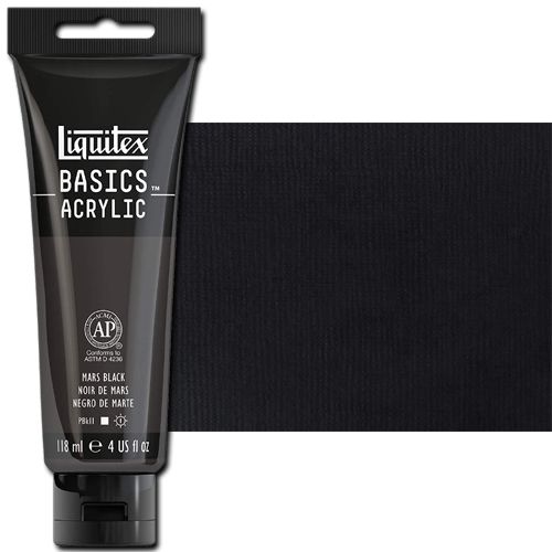 Liquitex 1046276 Basic Acrylic Paint, 4oz Tube, Mars Black; A heavy body acrylic with a buttery consistency for easy blending; It retains peaks and brush marks, and colors dry to a satin finish, eliminating surface glare; Dimensions 1.46