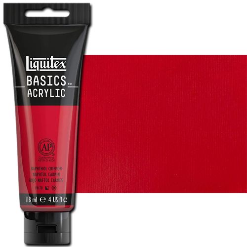 Liquitex 1046292 Basic Acrylic Paint, 4oz Tube, Naphthol Crimson; A heavy body acrylic with a buttery consistency for easy blending; It retains peaks and brush marks, and colors dry to a satin finish, eliminating surface glare; Dimensions 1.46