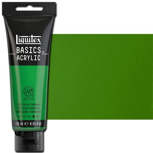 Liquitex 1046312 Basic Acrylic Paint, 4oz Tube, Light Green Permanent; A heavy body acrylic with a buttery consistency for easy blending; It retains peaks and brush marks, and colors dry to a satin finish, eliminating surface glare; Dimensions 1.46