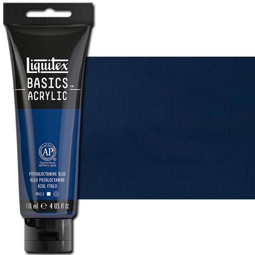 Liquitex 1046316 Basic Acrylic Paint, 4oz Tube, Phthalo Blue; A heavy body acrylic with a buttery consistency for easy blending; It retains peaks and brush marks, and colors dry to a satin finish, eliminating surface glare; Dimensions 1.46