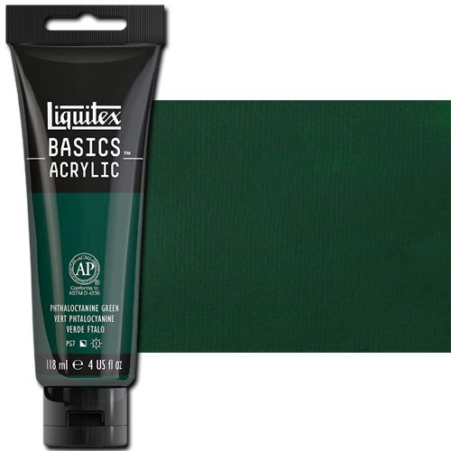 Liquitex 1046317 Basic Acrylic Paint, 4oz Tube, Phthalo Green; A heavy body acrylic with a buttery consistency for easy blending; It retains peaks and brush marks, and colors dry to a satin finish, eliminating surface glare; Dimensions 1.46