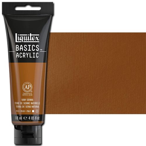 Liquitex 1046330 Basic Acrylic Paint, 4oz Tube, Raw Sienna; A heavy body acrylic with a buttery consistency for easy blending; It retains peaks and brush marks, and colors dry to a satin finish, eliminating surface glare; Dimensions 1.46