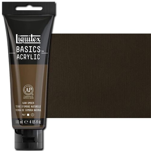 Liquitex 1046331 Basic Acrylic Paint, 4oz Tube, Raw Umber; A heavy body acrylic with a buttery consistency for easy blending; It retains peaks and brush marks, and colors dry to a satin finish, eliminating surface glare; Dimensions 1.46
