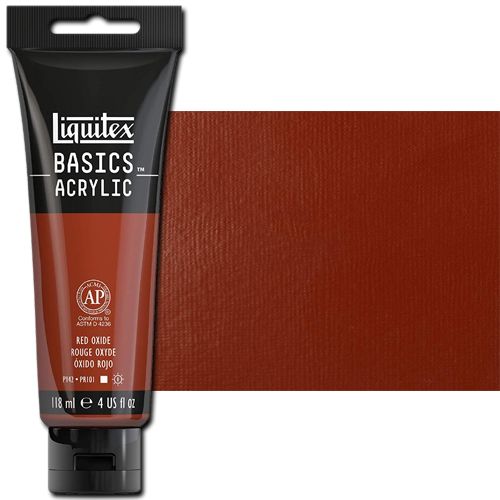 Liquitex 1046335 Basic Acrylic Paint, 4oz Tube, Red Oxide; A heavy body acrylic with a buttery consistency for easy blending; It retains peaks and brush marks, and colors dry to a satin finish, eliminating surface glare; Dimensions 1.46