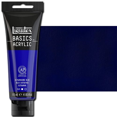 Liquitex 1046380 Basic Acrylic Paint, 4oz Tube, Ultramarine Blue; A heavy body acrylic with a buttery consistency for easy blending; It retains peaks and brush marks, and colors dry to a satin finish, eliminating surface glare; Dimensions 1.46