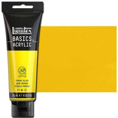Liquitex 1046410 Basic Acrylic Paint, 4oz Tube, Primary Yellow; A heavy body acrylic with a buttery consistency for easy blending; It retains peaks and brush marks, and colors dry to a satin finish, eliminating surface glare; Dimensions 1.46