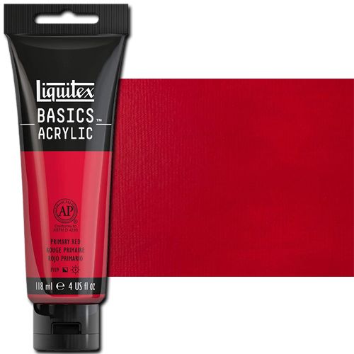 Liquitex 1046415 Basic Acrylic Paint, 4oz Tube, Primary Red; A heavy body acrylic with a buttery consistency for easy blending; It retains peaks and brush marks, and colors dry to a satin finish, eliminating surface glare; Dimensions 1.46