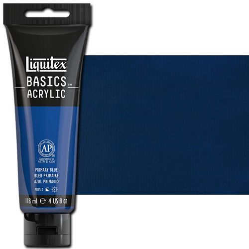 Liquitex 1046420 Basic Acrylic Paint, 4oz Tube, Primary Blue; A heavy body acrylic with a buttery consistency for easy blending; It retains peaks and brush marks, and colors dry to a satin finish, eliminating surface glare; Dimensions 1.46