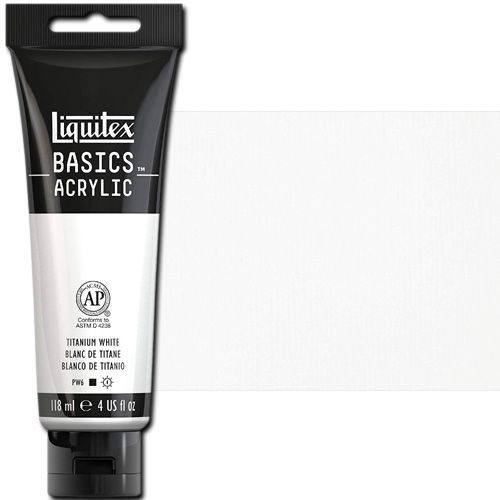 Liquitex 1046432 Basic Acrylic Paint, 4oz Tube, Titanium White; A heavy body acrylic with a buttery consistency for easy blending; It retains peaks and brush marks, and colors dry to a satin finish, eliminating surface glare; Dimensions 1.46