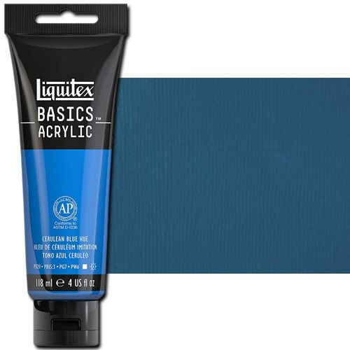 Liquitex 1046470 Basic Acrylic Paint, 4oz Tube, Cerulean Blue Hue; A heavy body acrylic with a buttery consistency for easy blending; It retains peaks and brush marks, and colors dry to a satin finish, eliminating surface glare; Dimensions 1.46