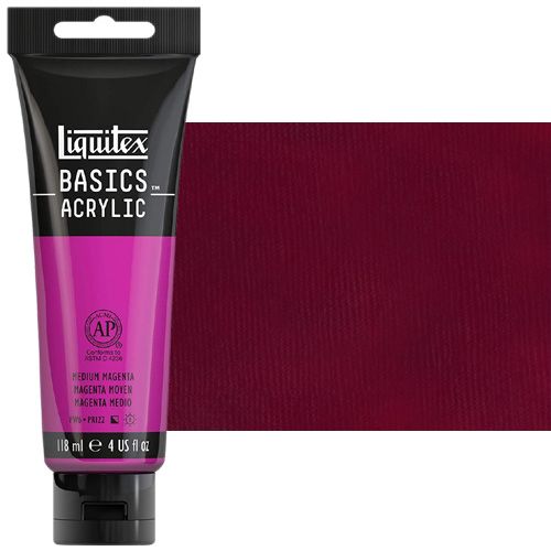 Liquitex 1046500 Basic Acrylic Paint, 4oz Tube, Medium Magenta; A heavy body acrylic with a buttery consistency for easy blending; It retains peaks and brush marks, and colors dry to a satin finish, eliminating surface glare; Dimensions 1.46
