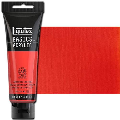Liquitex 1046510 Basic Acrylic Paint, 4oz Tube, Cadmium Red Light Hue; A heavy body acrylic with a buttery consistency for easy blending; It retains peaks and brush marks, and colors dry to a satin finish, eliminating surface glare; Dimensions 1.46