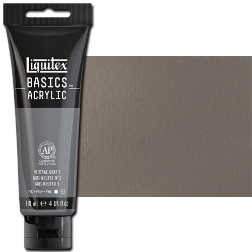 Liquitex 1046599 Basic Acrylic Paint, 4oz Tube, Neutral Gray 5; A heavy body acrylic with a buttery consistency for easy blending; It retains peaks and brush marks, and colors dry to a satin finish, eliminating surface glare; Dimensions 1.46