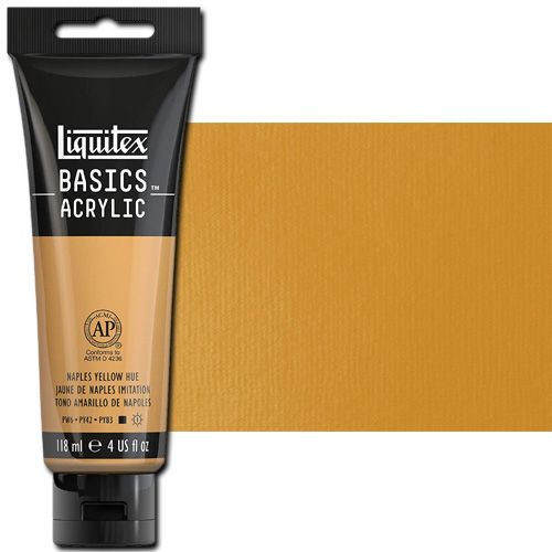 Liquitex 1046601 Basic Acrylic Paint, 4oz Tube, Naples Yellow Hue; A heavy body acrylic with a buttery consistency for easy blending; It retains peaks and brush marks, and colors dry to a satin finish, eliminating surface glare; Dimensions 1.46